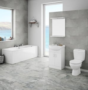 a bathroom with a large window and a sink