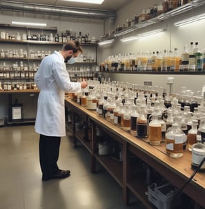 Multiple bottles of fragrance oil are neatly arranged on wooden shelves. The bottles vary in size and have labels with text both in English and another language. The lighting is warm, highlighting the sleek, dark-colored containers.