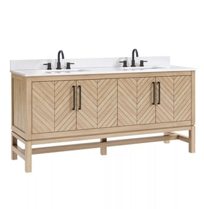 a bathroom vanity with two sinks and a white counter top