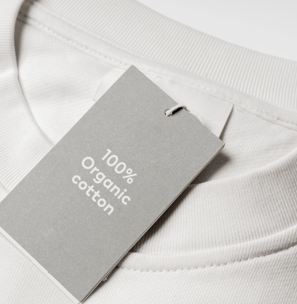 white t-shirt with tag that says '100% organic cotton'