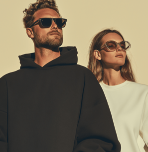 a man and woman standing together wearing hoodies and sunglasses calm mood