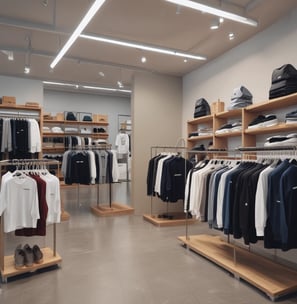A retail store interior displaying modern electronic devices on white shelves. The walls are accented with pink lighting, and products from Samsung are prominently featured. In the foreground, several smartphones are showcased on stands, with various accessories visible on racks. The space is sleek and well-organized, emphasizing a contemporary technology theme.