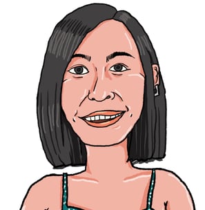 超廢速寫風格的女生肖像，藍色細肩帶上衣