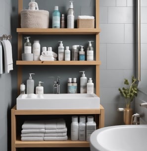 A collection of eco-friendly cleaning products and personal care items laid out on a flat surface. The composition includes bottles of cleaning sprays with silver metallic finishes, glass bottles of essential oils, wooden toothbrushes, a rectangular bar of natural soap, and various cleaning brushes with wooden handles. The arrangement is visually appealing, with shadows adding depth and texture.