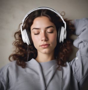 a woman with her eyes closed holding a phone to her ear
