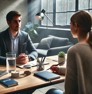 a man and woman sitting at a table with a laptop
