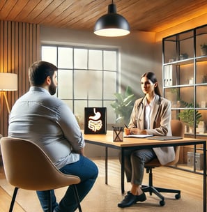 a man and woman sitting at a table with notebooks