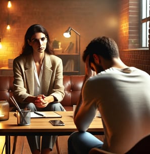 a man and woman sitting at a table