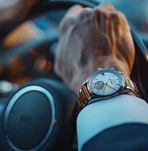 Um close-up da mão de um empresário segurando o volante de um carro de luxo
