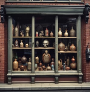 A storefront with various vintage and collectible items displayed. The signage includes a neon sign for a coin and precious metal buying establishment. There is an 'open' sign on the door, which is surrounded by various advertisements and posters. The window features a row of decorative figurines and collectibles.