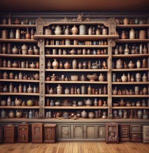 A glass display case filled with an eclectic collection of items, including figurines, jars, a human skull model, vintage tobacco tins, and various decorative objects. The lighting creates a dim, moody atmosphere with a strong green tint dominating the scene.