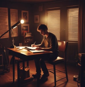 A music production workspace featuring a keyboard, laptop, smartphone, and two monitors displaying digital audio workstation software. The setting includes a wooden desk with a desk lamp, an audio interface, and a computer mouse.