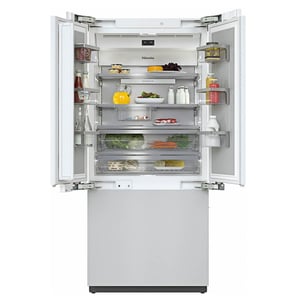 a refrigerator with a refrigerator door open and a refrigerator door open