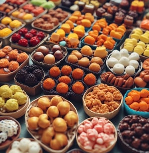 A display of various candies including jars filled with colorful confections and a decorative bowl overflowing with individually wrapped vanilla caramels. The setting has a light and airy atmosphere, with jars having teal lids and labels.