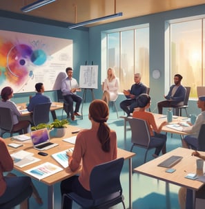 a group of people sitting around a table with a presentation