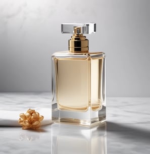 A luxurious perfume bottle with a gold cap and emblem is surrounded by dark, textured charcoal pieces. The bottle's design features elegant lines and a glossy finish, reflecting ambient light.