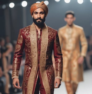 A traditional Indian men's outfit is displayed on a mannequin in an outdoor setting. The attire consists of a cream-colored sherwani with intricate designs, accompanied by a maroon and gold embroidered turban and scarf. The background features trees and a blurred natural landscape.