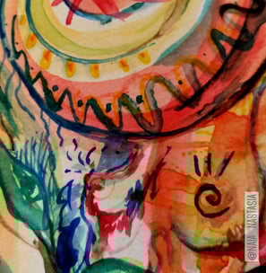 détail d'une Aquarelle aux tons orangés dans laquelle on peut distinguer un lion et un tas d'autres animaux plutôt endémiques
