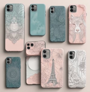 A collection of twelve phone cases displayed on a flat surface. The designs feature various superhero and pop culture symbols, including Spider-Man, Harry Potter glasses and lightning bolt, Marvel logos, and symbols associated with Star Wars and other franchises. The cases are predominantly made of plastic with colorful prints and patterns.