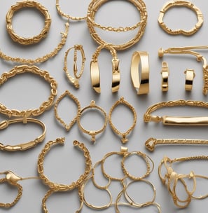 An assortment of jewelry including pearl-studded necklaces, large hoop earrings with inscriptions, gold chains, and various rings and bracelets arranged on a flat surface. Notable elements include the decorative pieces encrusted with rhinestones and intricate metalwork.
