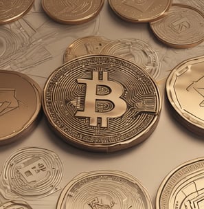A laptop on a table displaying a cryptocurrency trading platform. The screen lists various cryptocurrencies along with their buy and sell values, spread percentages, and 24-hour change percentages. The keyboard and touchpad of the laptop are visible, set against a neutral background with a sofa in the back.