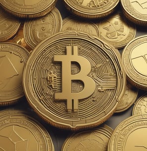 A collection of four coin-like representations of cryptocurrencies including Ethereum, Bitcoin, and Dogecoin. Each coin displays symbols or text related to its respective cryptocurrency. The background features a financial chart with candlestick patterns, suggesting a trading or investment context.