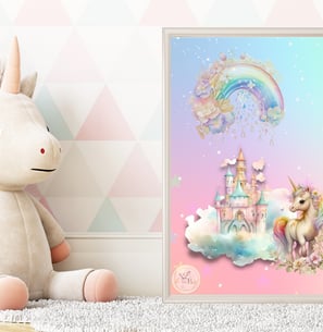 wall art print for nursery of a unicorn and rainbow