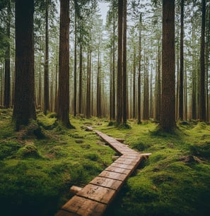 Wooden path through a green forest for nature photography/videos.