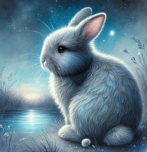 a bluerabbit sitting on a rock in the night