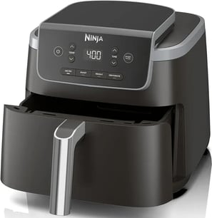 a black and white air fryer with a digital display