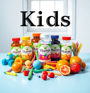 Varias botellas de diversos colores de Vitaminas para Niños