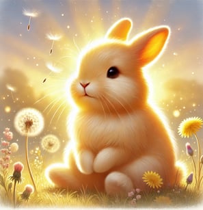 a yellow rabbit sitting on a grassy field