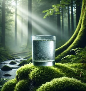 Vaso de agua pura y elegante sobre una roca con musgo en un bosque verde, representando una marca so