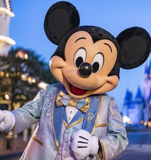 Mickey Mouse standing in front of the Castle at Disneyland California