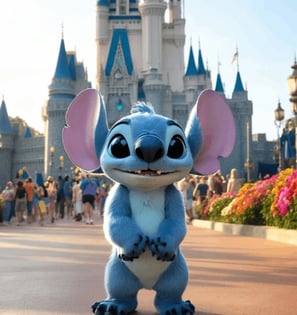 Disney's Stitch standing in front of the castle in a Disney theme park