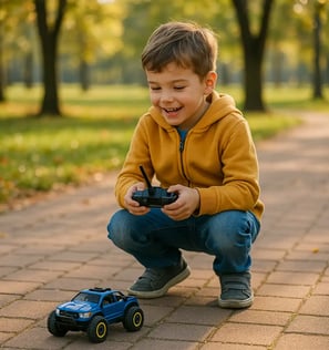 Niño jugando con carro a RC en el parque