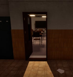 Coded Black gameplay screenshot showing a school hallway and an open door looking into a classroom.
