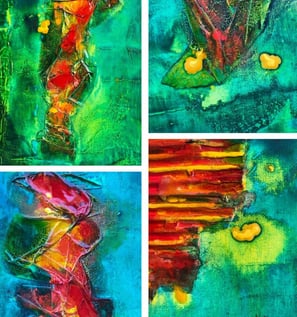 Détails du tableau abstrait vert jaune et rouge sur toile " Récolte de pommes au verger" de Xirkys artiste plasticienne