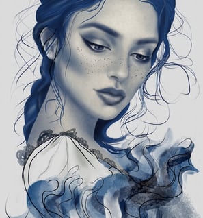 a woman with freckles blue hair and a blue dress