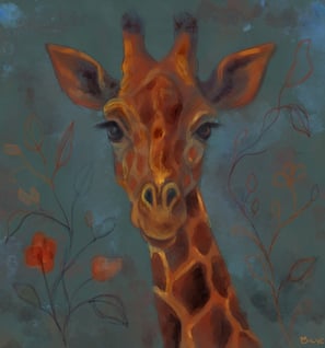 a giraffe with floral background