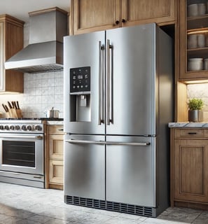 a kitchen with a stainless steel refrigerator