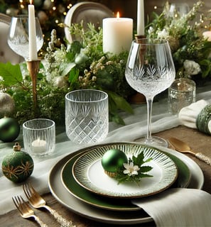<img src="mesa posta elegante com tons de verde, velas, castiçais e taças de cristal".