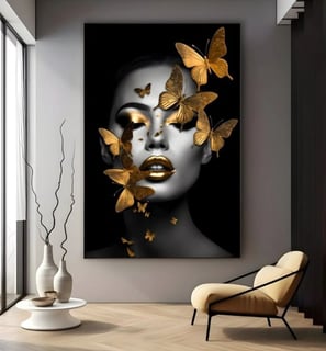 Tablou pictat pe pânză cu portret artistic fată și fluturi – fundal negru, stil elegant