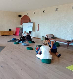 a group of people sitting on bean bags in a room, trattamento biointegrato