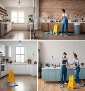 A group of people inside a room engage in cleaning or maintenance activities. One person sweeps the floor with a broom while others stand and observe, smiling or gesturing. The room has wooden structures and a child rests on a bed nearby.