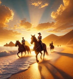 a group of people riding horses on a beach