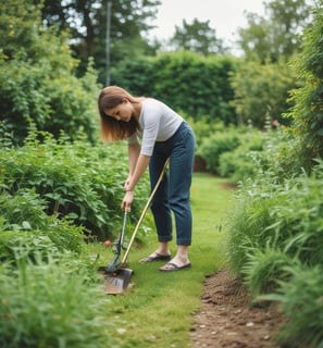 A person wearing a blue coat and hat is crouched near a large green bush, holding a long stick. Nearby, there is a grey trash bin and a broom lying on the ground in a garden setting.