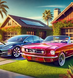 A classic red Ford Mustang and a sleek modern Tesla parked side by side- artificial intelligence, latest ai news, ai tools