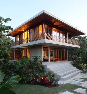 a house with a large balcony and stairs leading up to the house
