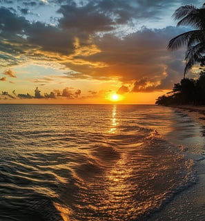 a sunset over a beach with a boat in the water